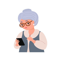Vector character illustration of elderly woman talking on smartphone. Icon Grandmother using mobile phone. Family, mobile internet, social media, modern communication technology concept.