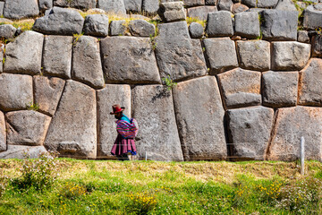 Saqsaywaman Inca archaeological site with large stone walls in Cusco, Peru. South America. 