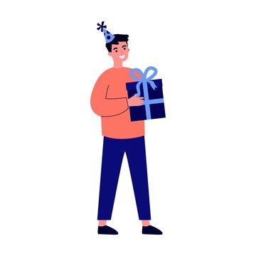 Happy boy friend celebrating birthday with present boxes. People giving gifts in party surprise. Vector illustration for Christmas, festive event concept