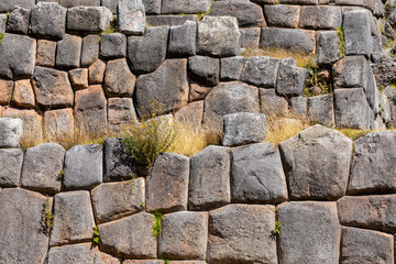 Saqsaywaman Inca archaeological site with large stone walls in Cusco, Peru. South America. 