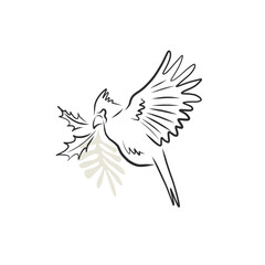 Vintage waxwing winter bird with holly berry leaves xmas linear minimalistic vector illustration isolated on white. Holiday season bird print for Merry Christmas greeting postcard and xmas decor.