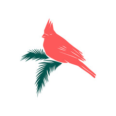 Red cutout shape waxwing winter bird on pine tree branch Matisse aesthetic xmas vector illustration isolated on white. Holiday season bird print for Merry Christmas greeting postcard and xmas decor.