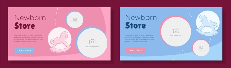 Newborn store online banner template set, baby toy shop advertisement, horizontal ad, parenthood equipment webpage, kids rocking horse creative brochure, isolated on background