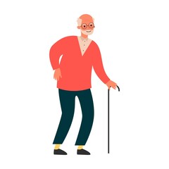 Elderly man with a stick. Male cartoon characters of different generation. Man in ages of baby, kid, teenage boy, adult, senior person with cane. Vector illustration