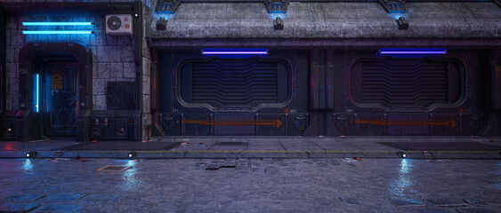 Futuristic wall and doorway with neon lights in a downtown city street at night. Cyberpunk concept panoramic 3D illustration. © IG Digital Arts