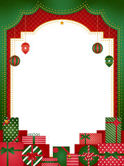クリスマス向け　山積みのプレゼント　フレーム素材／赤×緑（縦向き）
