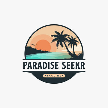 Outdoor adventure travel badge emblem beautiful sun and beach landscape logo vector illustration template