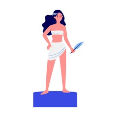 Fototapeta premium Female model posing at art workshop flat vector illustration. Young artists painting at classroom on easels. Education and art school