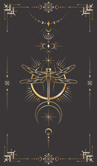 Vector mystic celestial background with a golden outline insect, stars, moon phases, crescents and a frame with arrows. Occult linear banner with a magical dragonfly. Black tarot card cover