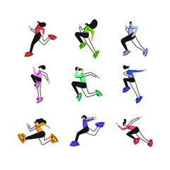 Fototapeta na wymiar Young woman running and doing fitness exercises vector illustration on white background in flat style