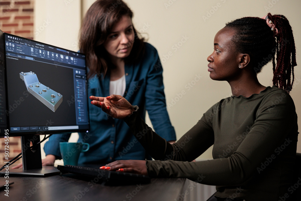 Poster 3d digital artist collaborating with colleague in order to solve technical difficulties. production 