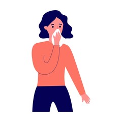 Young woman suffering from flu symptoms flat vector illustration. Cartoon infographic person sneezing and coughing. Sad woman concept