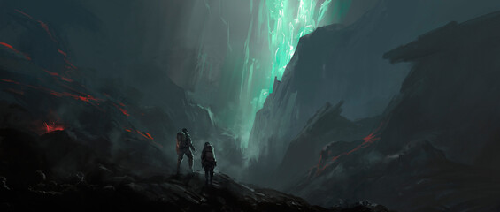 The explorer came to a spooky environment with diamonds, 3D illustration. © liuzishan