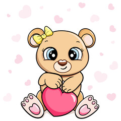 Fototapeta premium cartoon child teddy bear sits and holds heart, congratulates on holiday. greeting card vector for girls