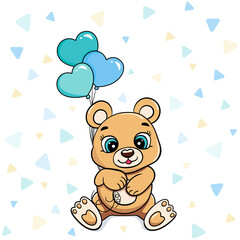 cartoon child teddy bear sits and holds balloons, congratulates on holiday. greeting card vector for boys