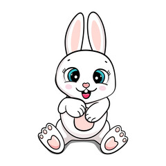 happy cartoon cute baby bunny sitting and laughing vector sticker illustration isolated. card for boys and girls