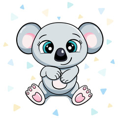 happy cartoon cute baby koala sitting and laughing vector sticker illustration isolated. card for boys