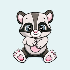 happy cartoon cute baby raccoon bear sitting and laughing vector sticker illustration isolated. card for boys and girls