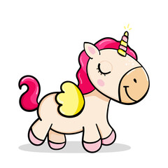 happy cartoon cute baby unicorn pony walks and laughing vector sticker illustration isolated. card for girls