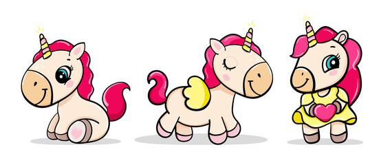 Obraz premium set cartoon child unicorn sit and holds heart, congratulates on holiday. greeting card vector isolated sticker for girls