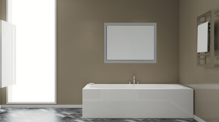 Fototapeta na wymiar Scandinavian bathroom, classic vintage interior design. 3D rendering.. Mockup. Empty paintings
