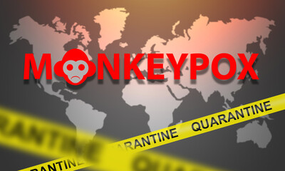 monkeypox quarantine. Global quarantine due to pandemic. Monkeypox epidemic in world. Monkeypox inscription in front planet map. Smallpox infectious fever. Concept international lockdown. 3d image