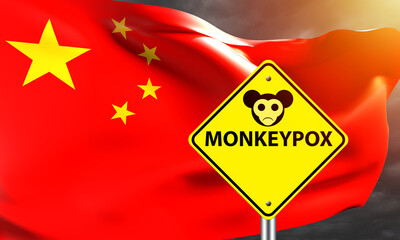 Monkeypox outbreak in China. Yellow warning sign about Monkeypox. Flag of China near smallpox symbol. Infection with fever from monkeys. Epidemic Monkeypox virus. Infectious pandemic in PRC. 3d image
