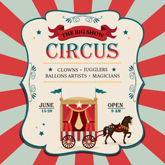 Circus invitation with magic cart and horse. Carnival invite. Fan fair arena.	
