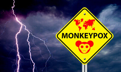 Monkeypox hazard symbol. Yellow sign with inscription monkeypox. Hazard logo in front of sky with lightning. Deadly disease warning. Danger of contracting monkeypox fever. 3d rendering.