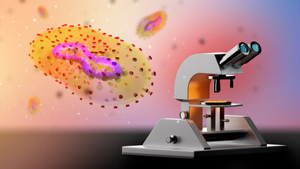 Monkeypox bacteria. Smallpox microscope. Antibody search for monkeypox concept. Antibodies VACV-5C7 near microscope. Study Deadly Fever. Monkeypox virus outbreak. Smallpox molecules in body. 3d image