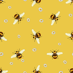 Seamless pattern with bees on floral background. Small wasp. Vector illustration. Adorable cartoon character. Template design for invitation, cards, textile, fabric. Doodle style