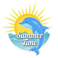 Summer icon, emblem with lettering. Round colorful paper sticker, label, tag for summer holiday, travel, fest, vacation. Vector dolphin at the sea with sun in simple, flat style.