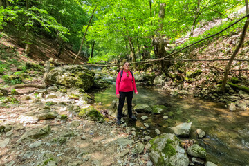 Obraz premium Portrait of woman hiker by mountain creek in spring forest.