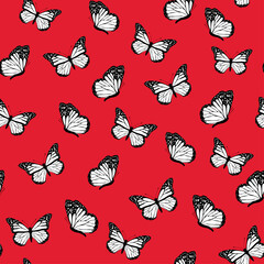 Black and white butterflies isolated on red background. Hand drawn seamless pattern vector illustration. Great for textile, paper, baby girl, fabric, gift wrap and more.