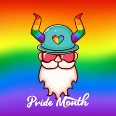 Funky old gay with beard, summer sunglasses, and funny hat with LGBT rainbow horns isolated on gradient with pride colors flag. Gay pride icon, symbol or homosexual graphic label for printing on tee