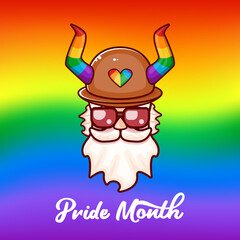 Funky old gay with beard, summer sunglasses, and funny hat with LGBT rainbow horns isolated on gradient with pride colors flag. Gay pride icon, symbol or homosexual graphic label for printing on tee
