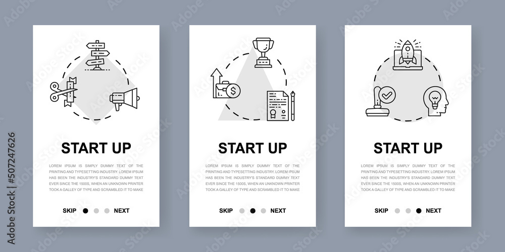 Aufkleber start up mobile app screens. time management, idea generation, presentation vertical banners for web
