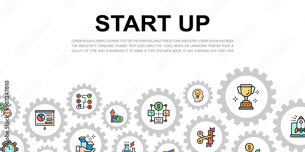 Poster start up landing page with colored icons. time management, idea generation, presentation vector webs