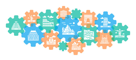 Travel Landmark line icons banner. Egypt, Italy, United Kingdom, France, India, USA icon set isolated on white background.