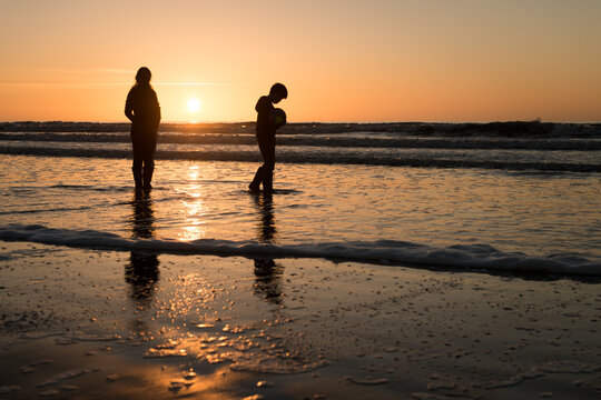 silhouette of boy and girl walking in ocean on the beach at sunset