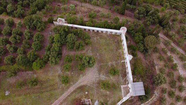 Aerial view of Androusa castle ruins and surrounding area at Autumn