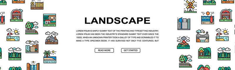 Landscape horizontal colorful banner. Bridge, Forest, Garden, Volcano, Windmill illustration. Web banner layout template.