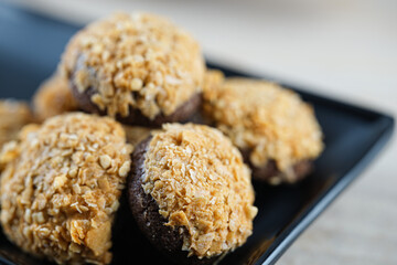 chocolate cookies on close up shot with details. 