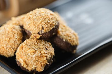 chocolate cookies on close up shot with details. 