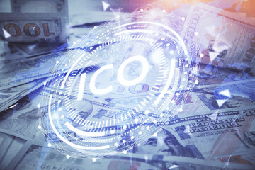 Multi exposure of crypto theme drawing over us dollars bill background. Concept of blockchain...