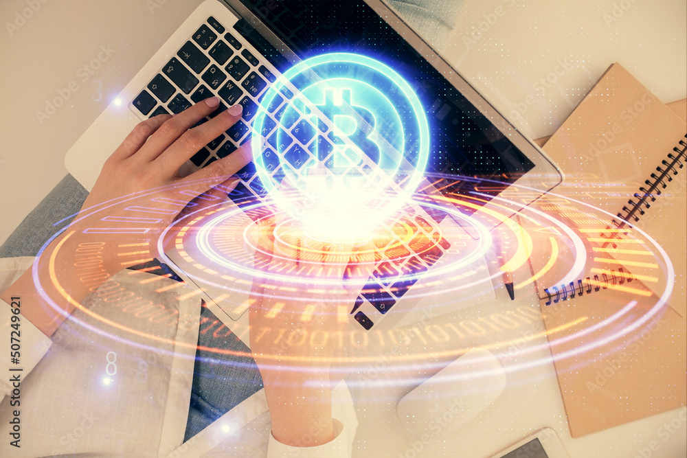 Poster Double exposure of woman hands working on computer and blockchain theme hologram drawing. Top View. bitcoin cryptocurrency concept.