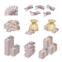 New Taiwan Dollar Vector Illustration. Huge packs of Taiwanese money set bundle banknotes. Bundle with cash bills. Deposit, wealth, accumulation and inheritance. Falling money 500 TWD.