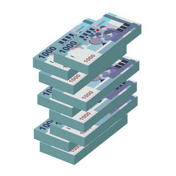 New Taiwan Dollar Vector Illustration. Taiwanese money set bundle banknotes. Paper money 1000 TWD. Flat style. Isolated on white background. Simple minimal design.