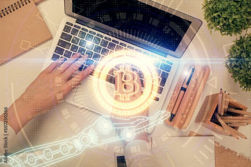 Aufkleber double exposure of woman hands working on computer and blockchain theme hologram drawing. top view. 