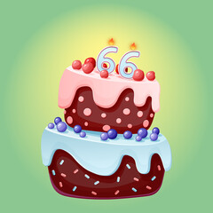 Sixty six years birthday cake with candles number 66. Cute cartoon festive vector image. Chocolate biscuit with berries, cherries and blueberries. Happy Birthday illustration for parties